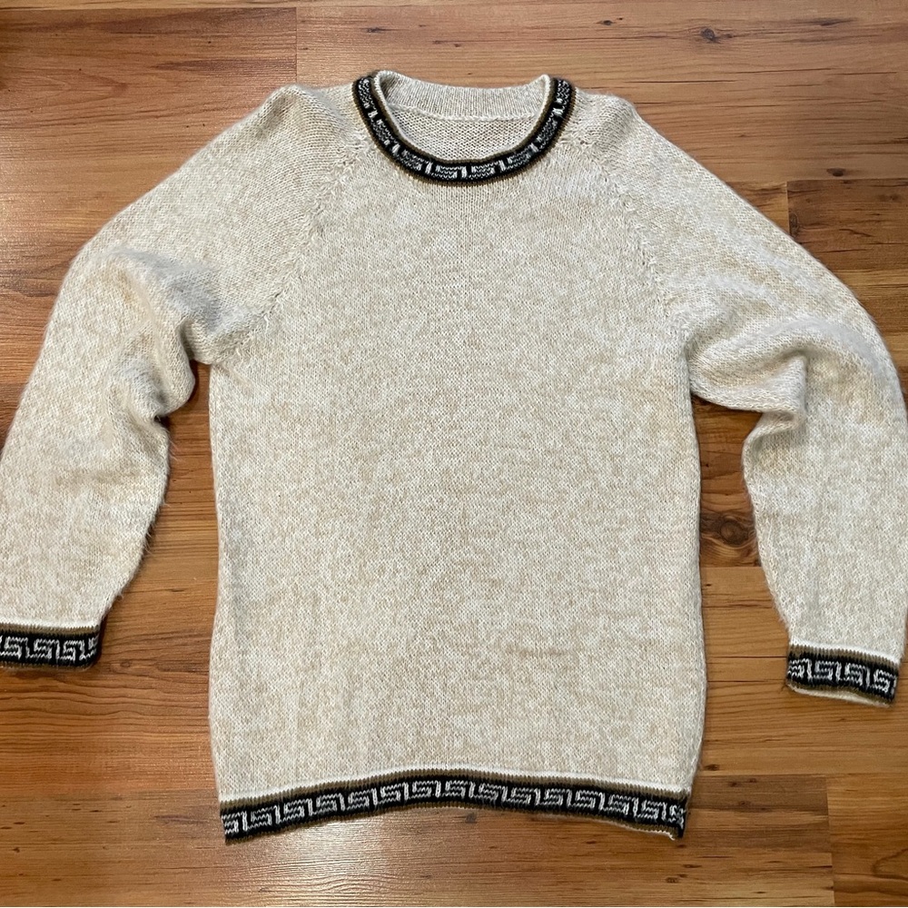 Elegant Beige Crewneck Sweater with Black Trim